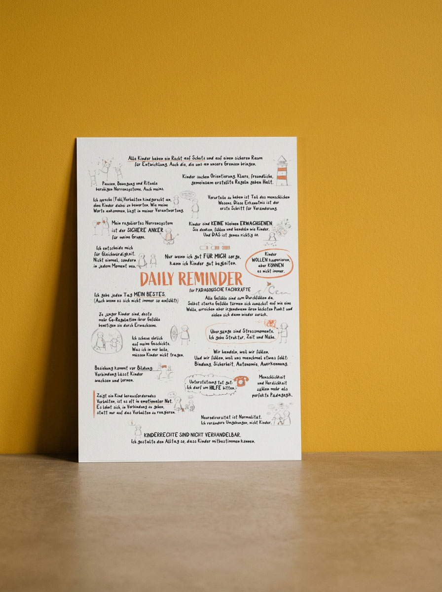Daily Reminder Poster für pädagogische Fachkräfte, angelehnt an eine Wand